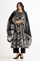 3PC Cross Hatch Printed Suit With Embroidered