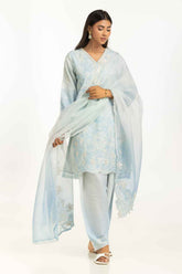 3PC Poly Slub Printed Suit With Embroidered