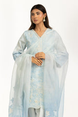 3PC Poly Slub Printed Suit With Embroidered