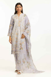 3PC Poly Slub Printed Suit With Embroidered