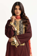 3PC Chiffon Gold And Lacquer Printed Suit With Embroidered