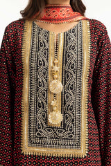 3PC Chiffon Gold And Lacquer Printed Suit With Embroidered