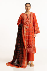 3PC Lawn Gold & Lacquer Printed Suit With Embroidered