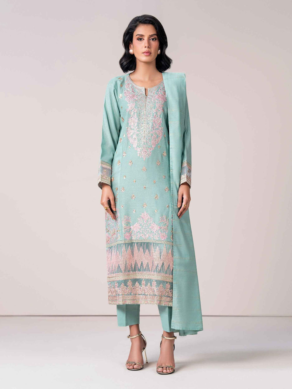 3 Piece Zari Karandi Suit- Embroidered (Pret)