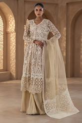 Stitched Beige Embroidered Shirt + Plazo + Dupatta