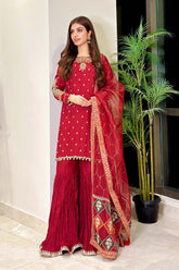 3 Piece Embroidered Raw Silk Suit - Asian Style House
