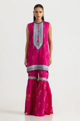 Viscose Raw Silk Printed Shirt And Gharara With Embroidered