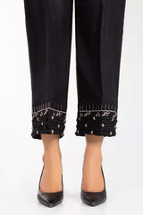 Black Embroidered Raw Silk Trousers