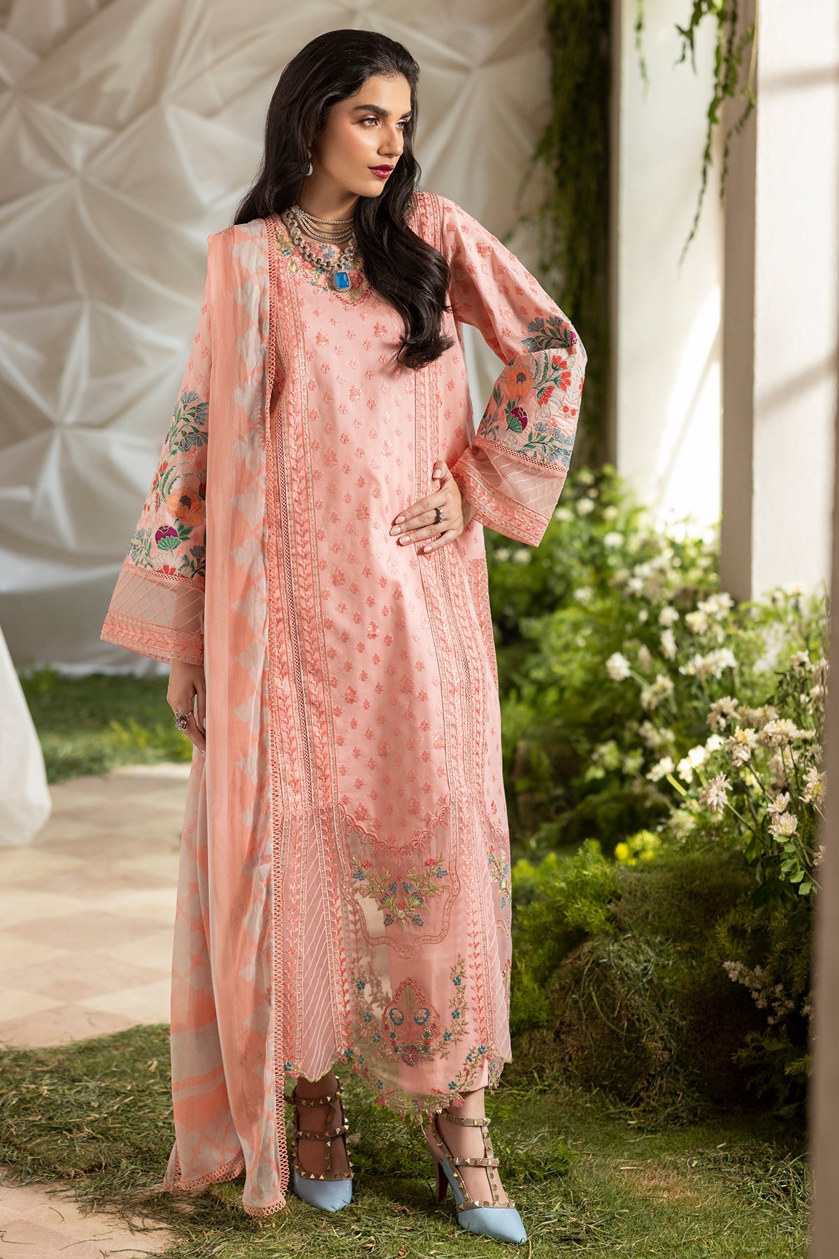 3-PC Stitched Chikankari Lawn Collection CMA-6-123 Peach