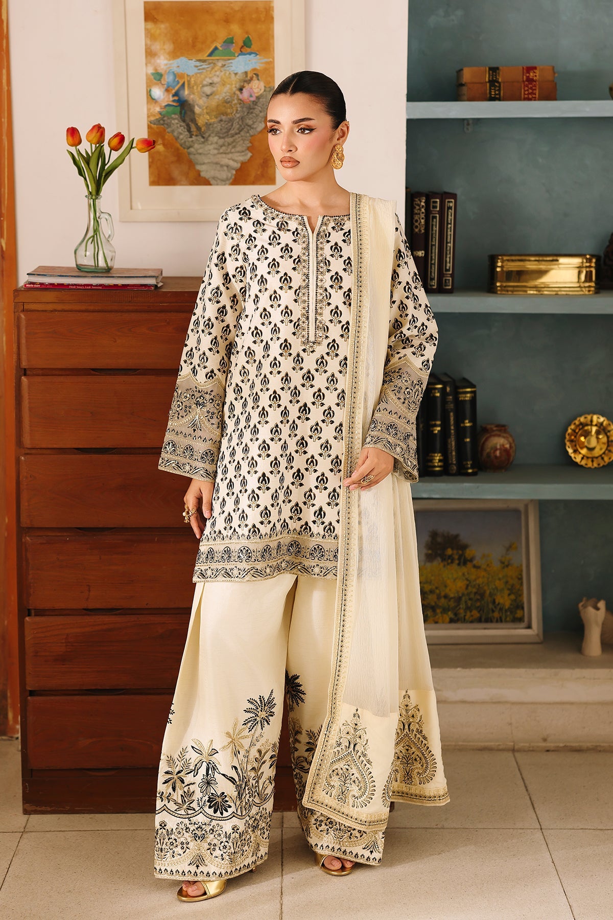 3-PC Embroidered  Raw Silk  CMA-6-403