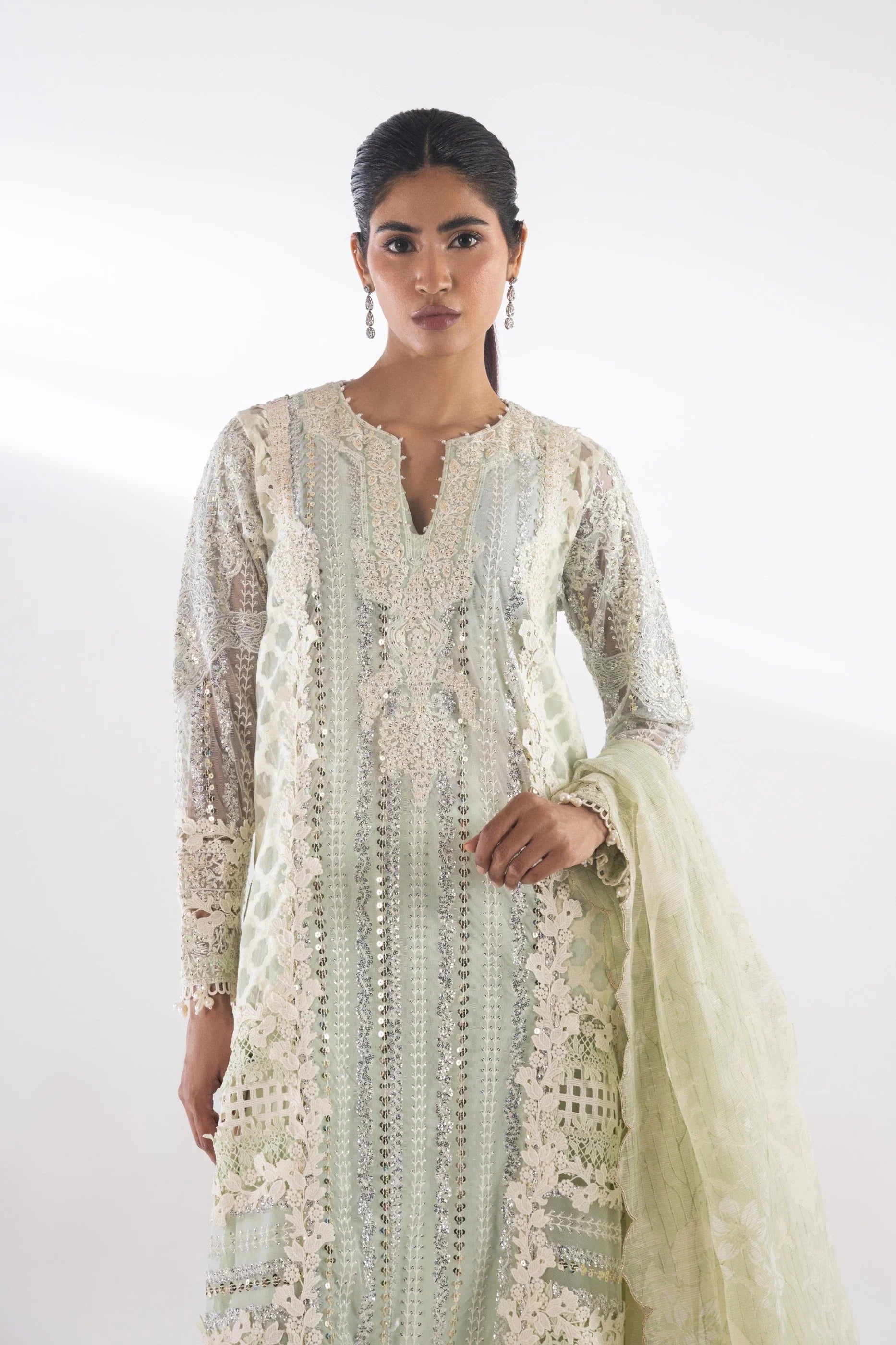 Stitched Embroidered Net Shirt + Bottom