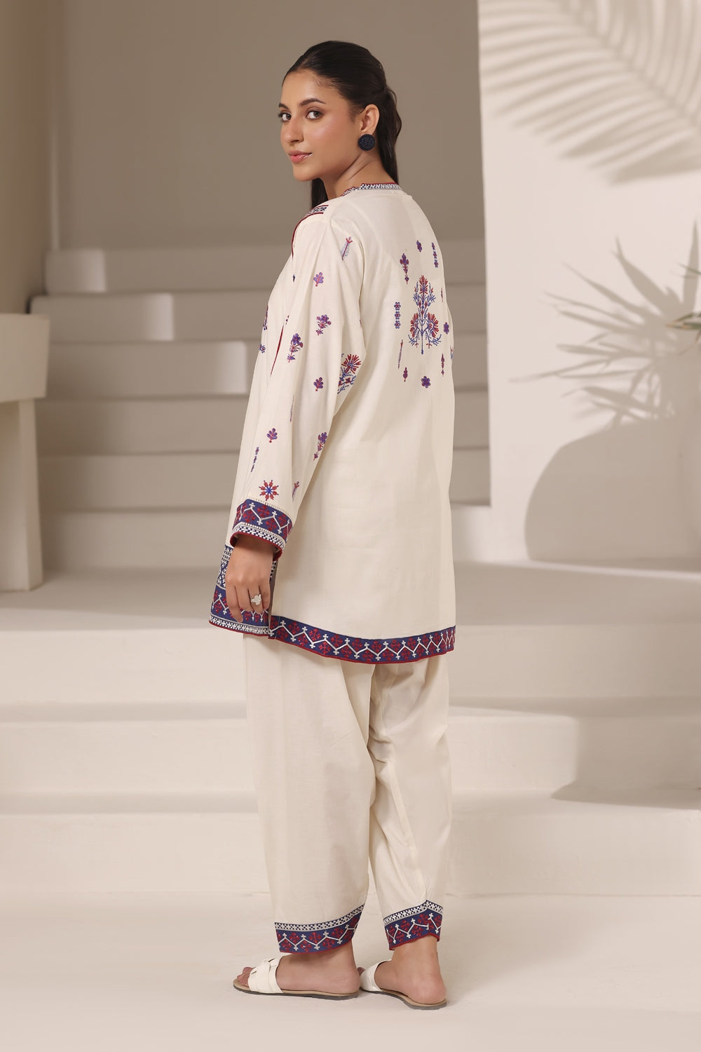 3PC Cambric Embroidered Suit With Printed Scarf