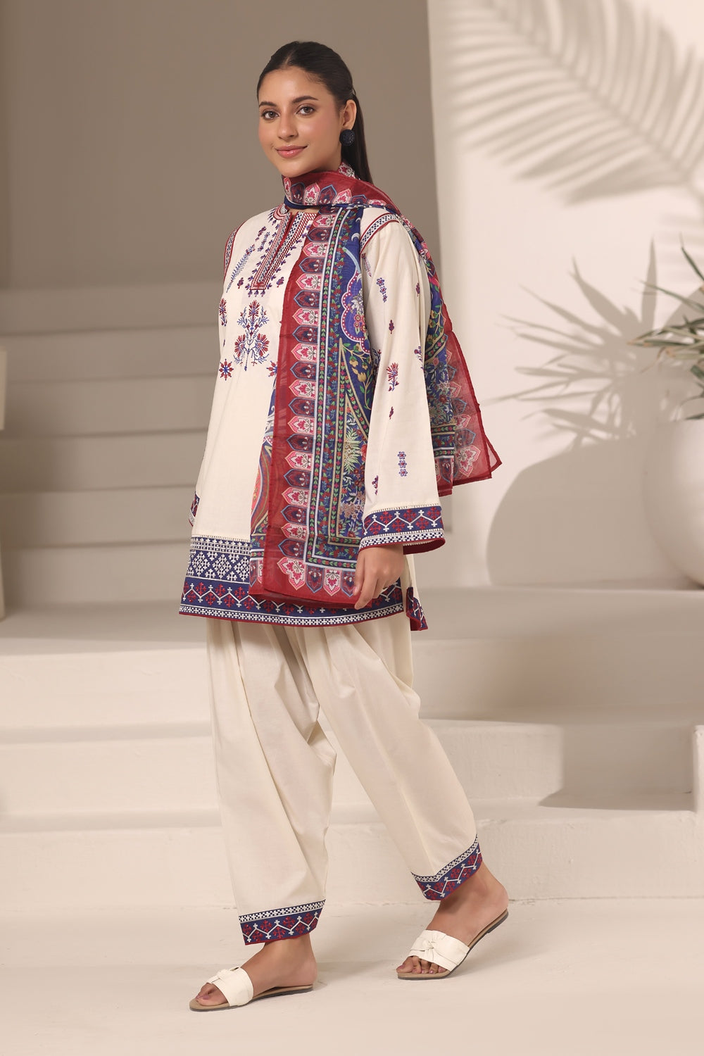 3PC Cambric Embroidered Suit With Printed Scarf
