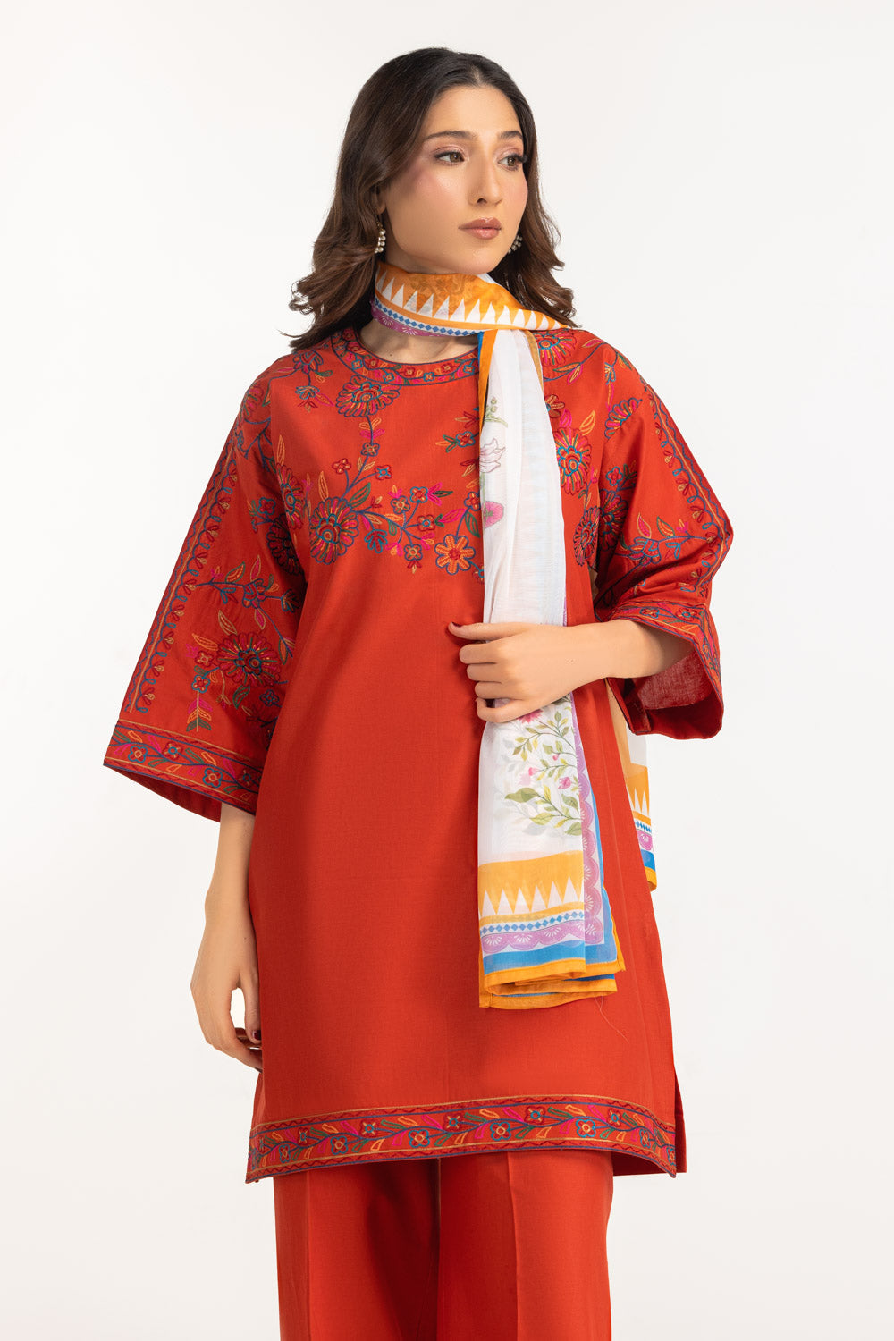 3PC Cambric Embroidered Suit With Scarf