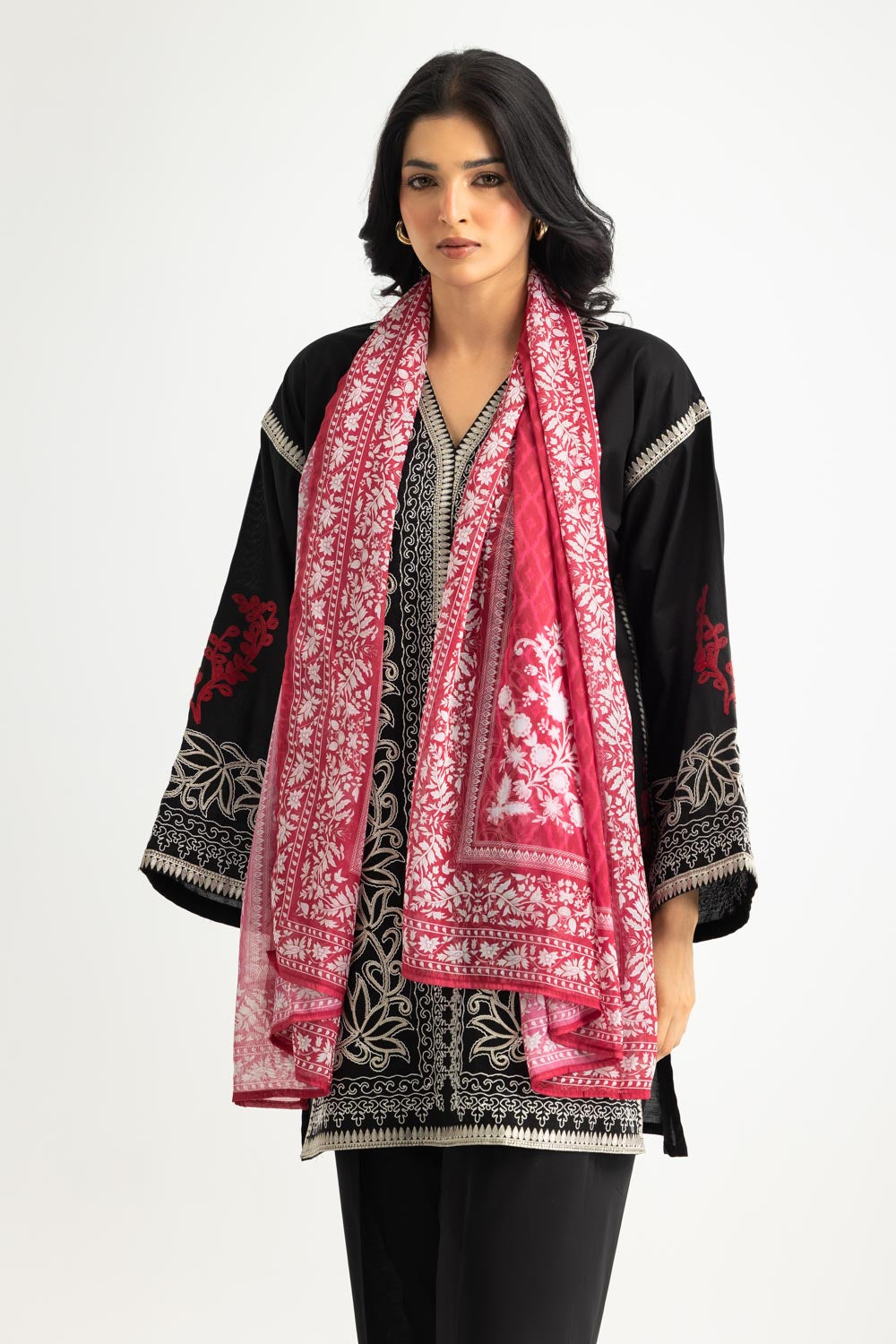 3PC Cambric Embroidered Suit With Scarf