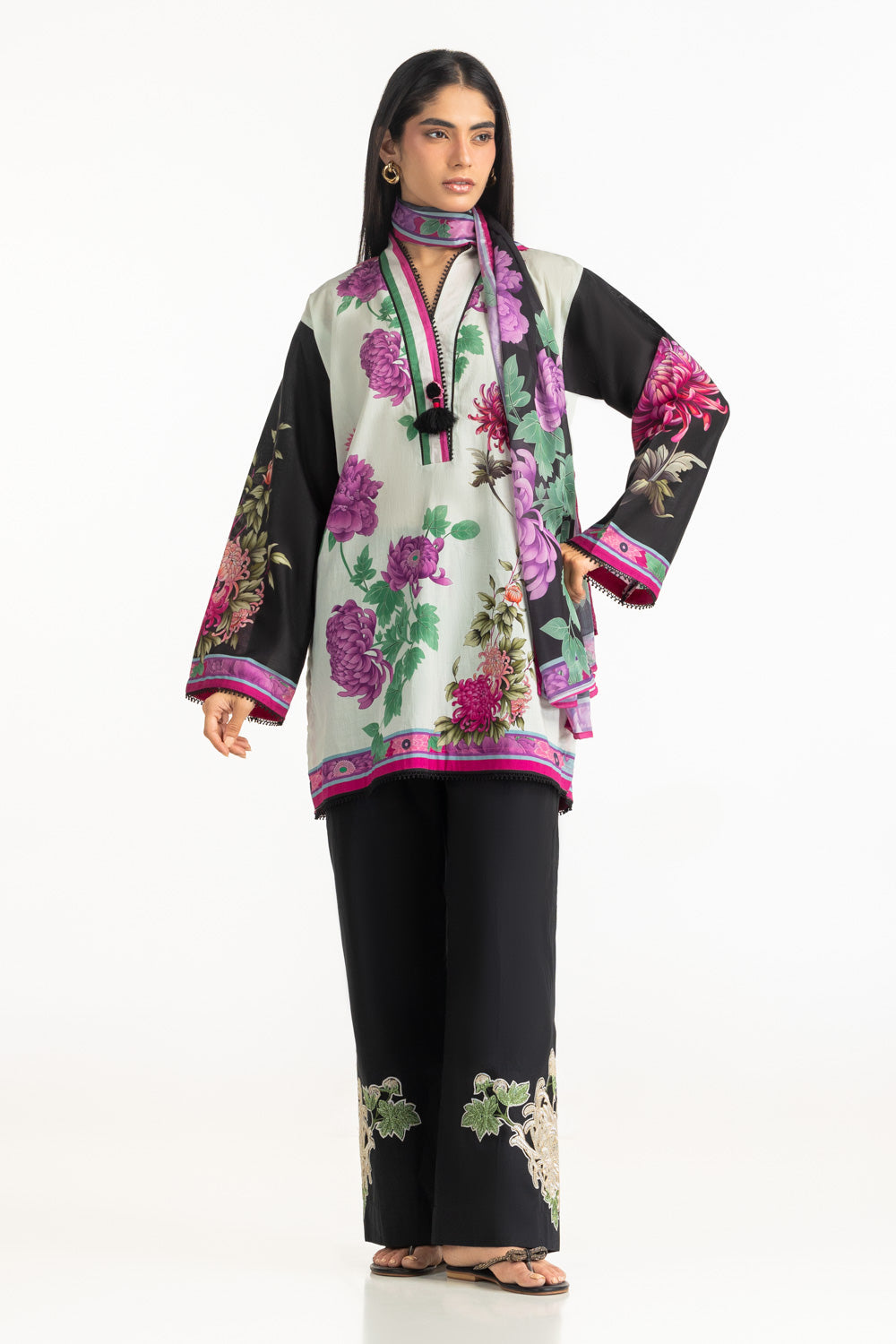 3PC Cambric Printed Shirt And Embroidered Trouser With Printed Scarf
