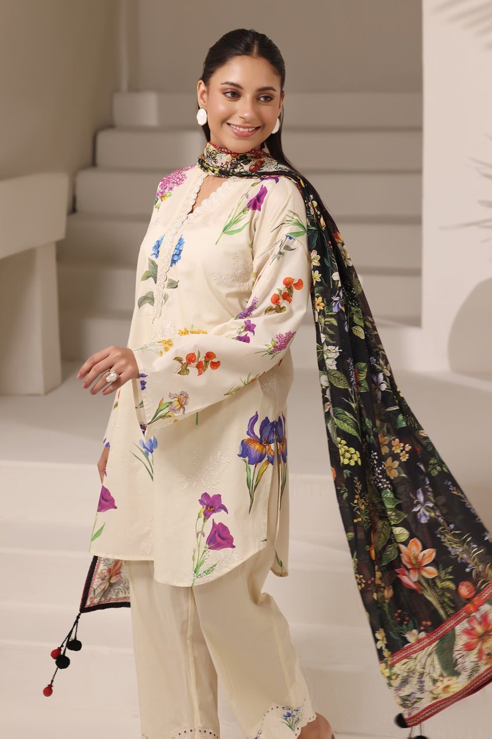 3PC Cambric Printed Suit With Embroidered
