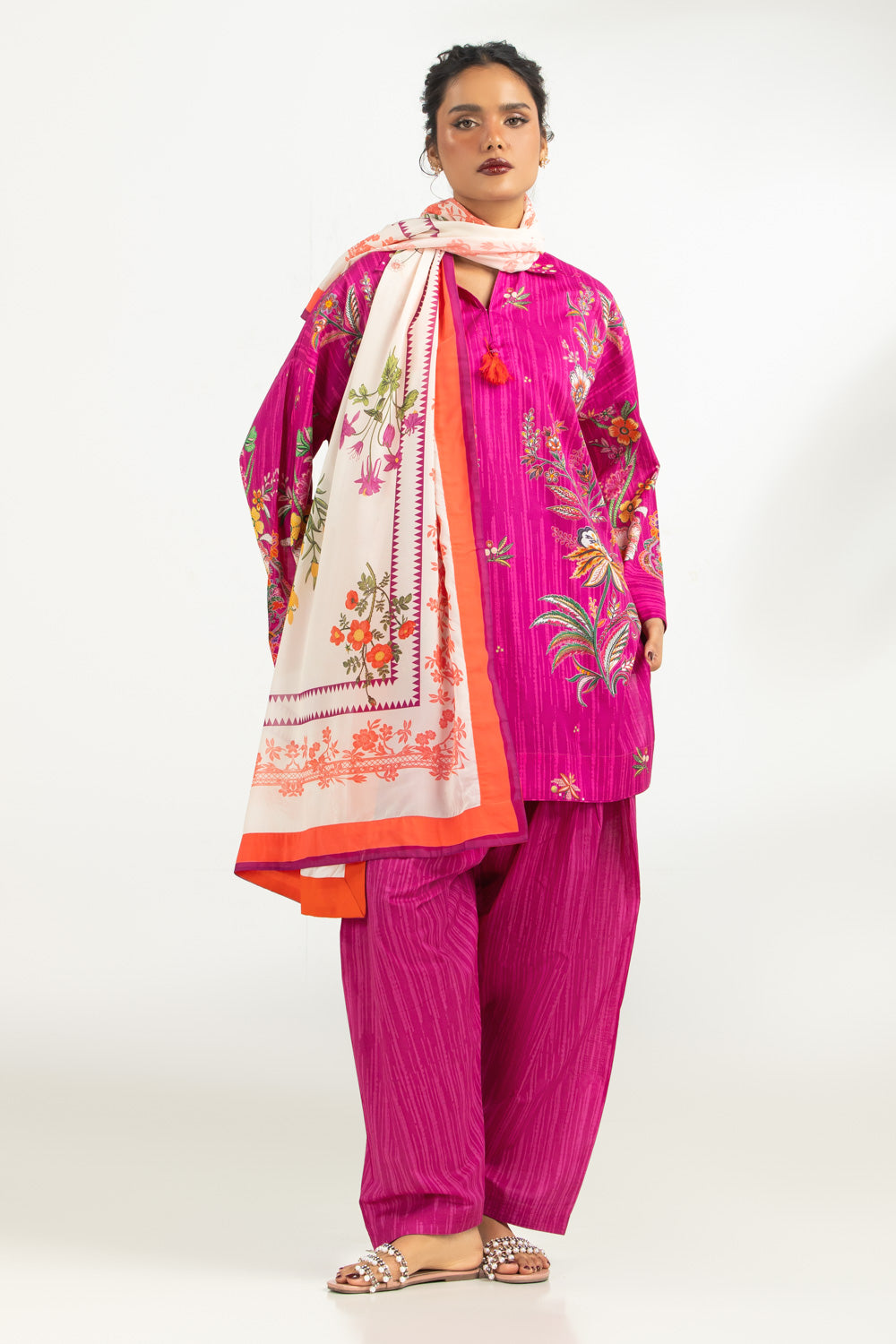 3PC Cambric Printed Suit With Scarf