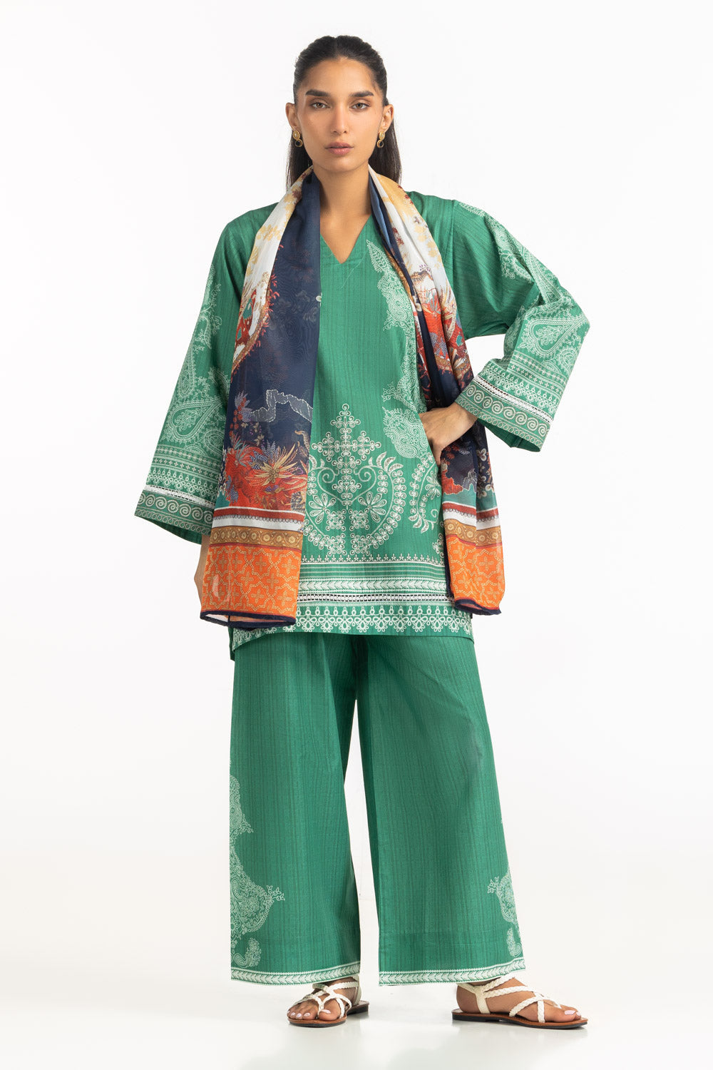 3PC Cambric Printed Suit With Scarf