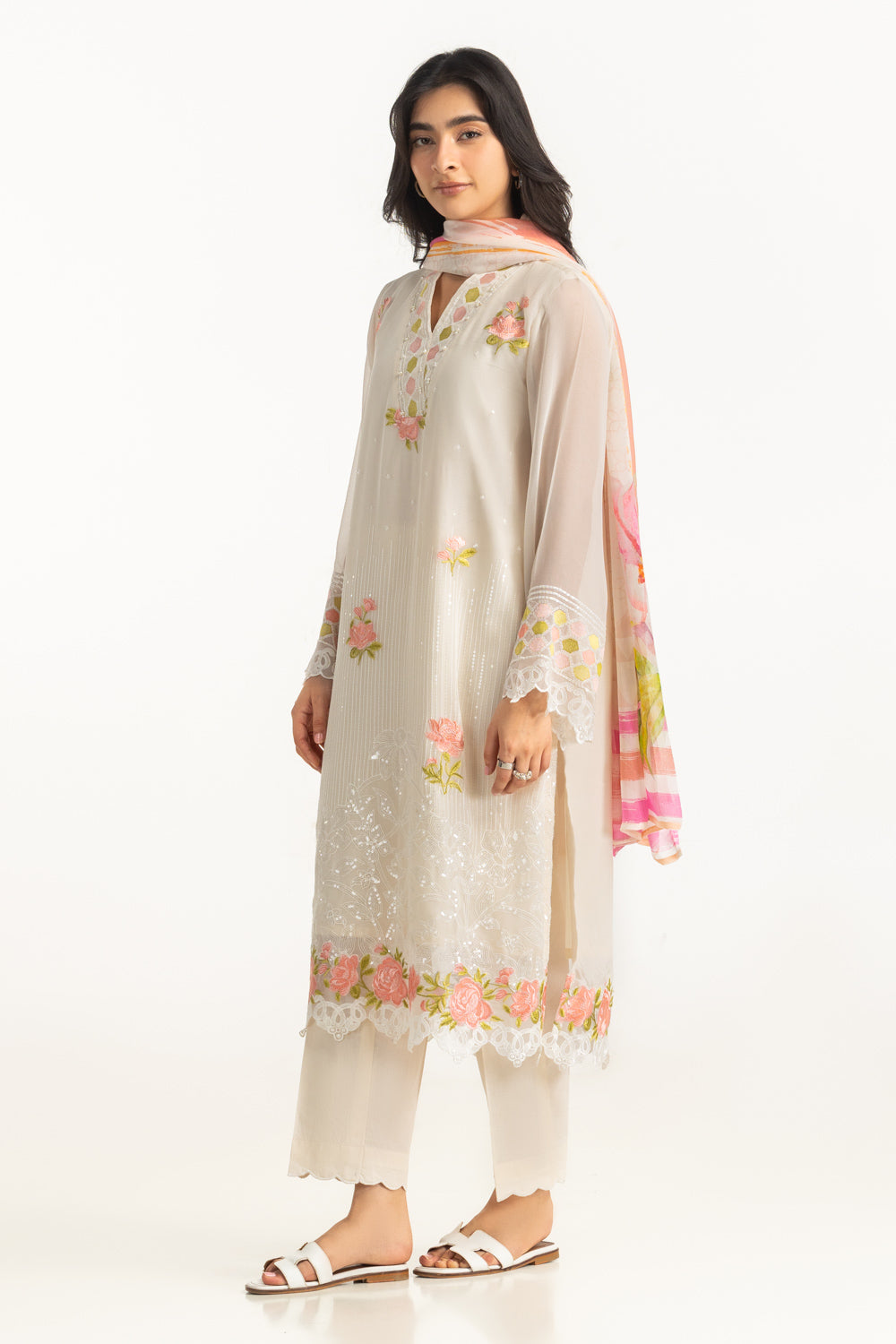 3PC Chiffon Sequins Embroidered Suit
