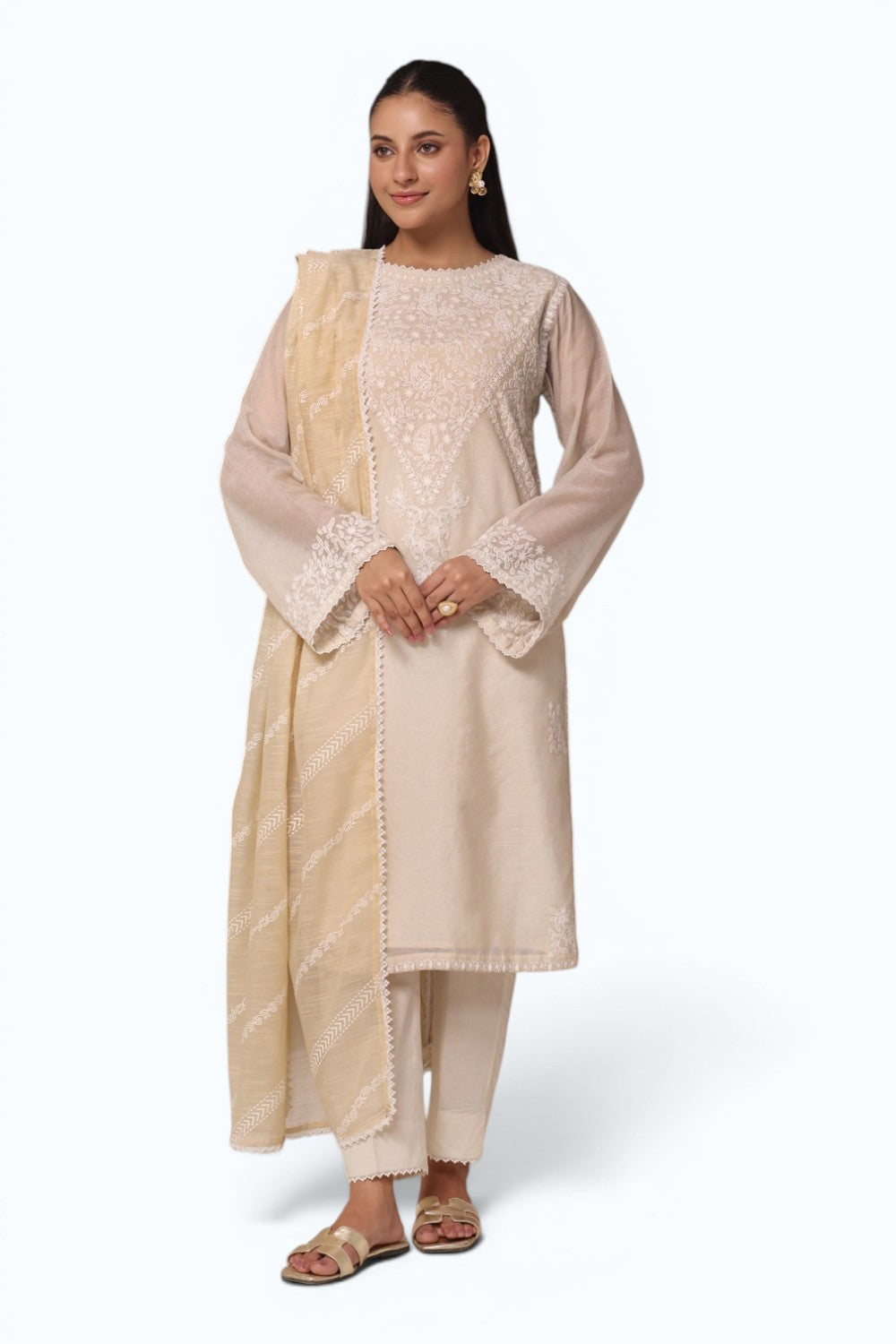 3PC Cotton Net Embroidered Suit