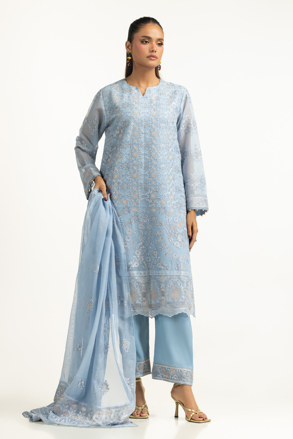 3PC Cotton Net Embroidered Suit
