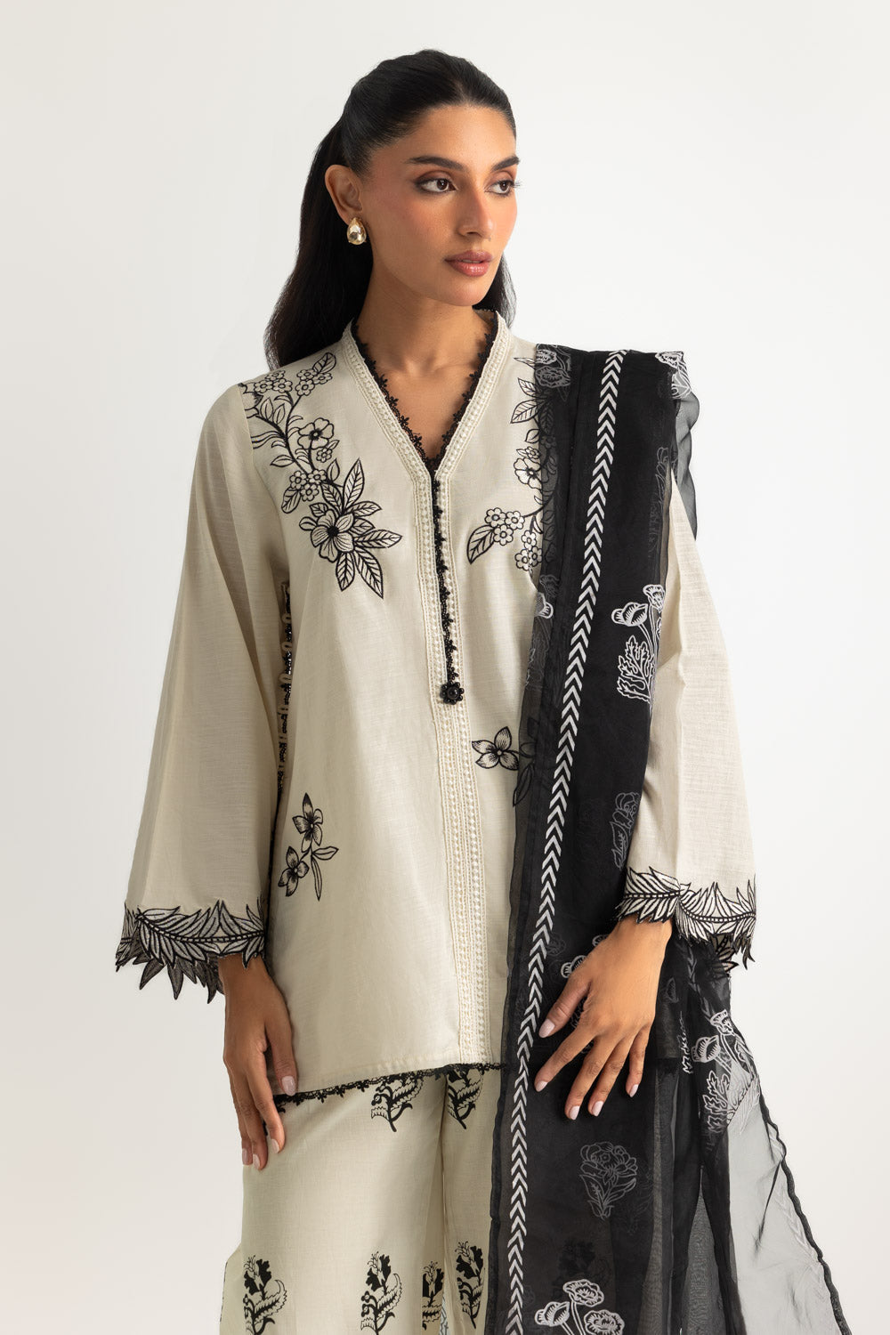 3PC Cotton Slub Embroidered Suit