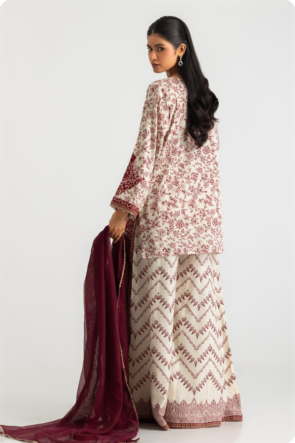 3PC Cross Hatch Printed Suit With Embroidered