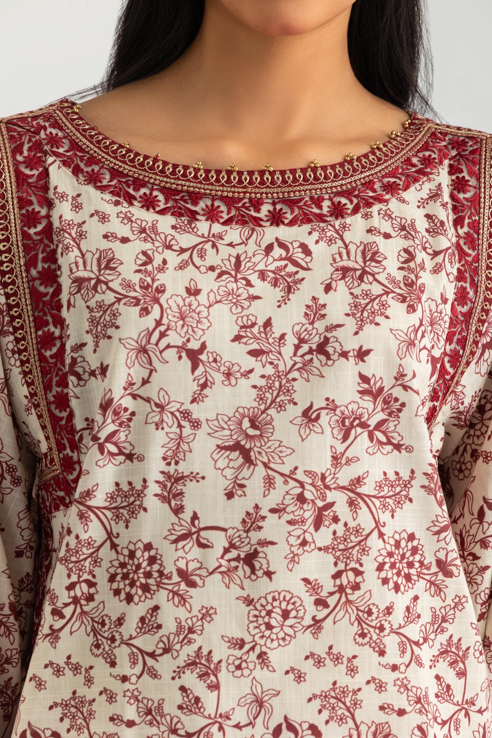 3PC Cross Hatch Printed Suit With Embroidered