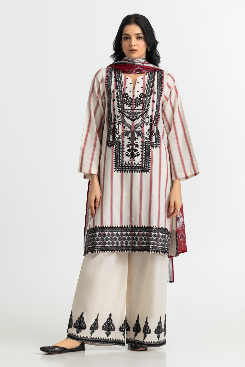 3PC Jacquard Embroidered Suit With Denting Lawn Printed Dupatta