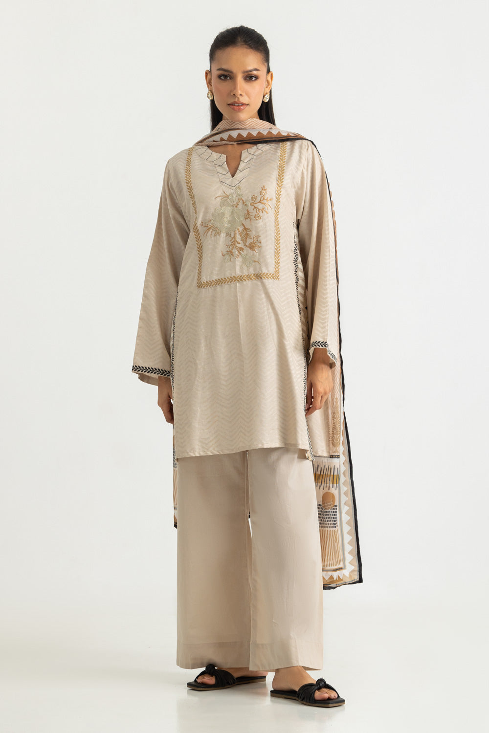 3PC Jacquard Embroidered Suit With Printed