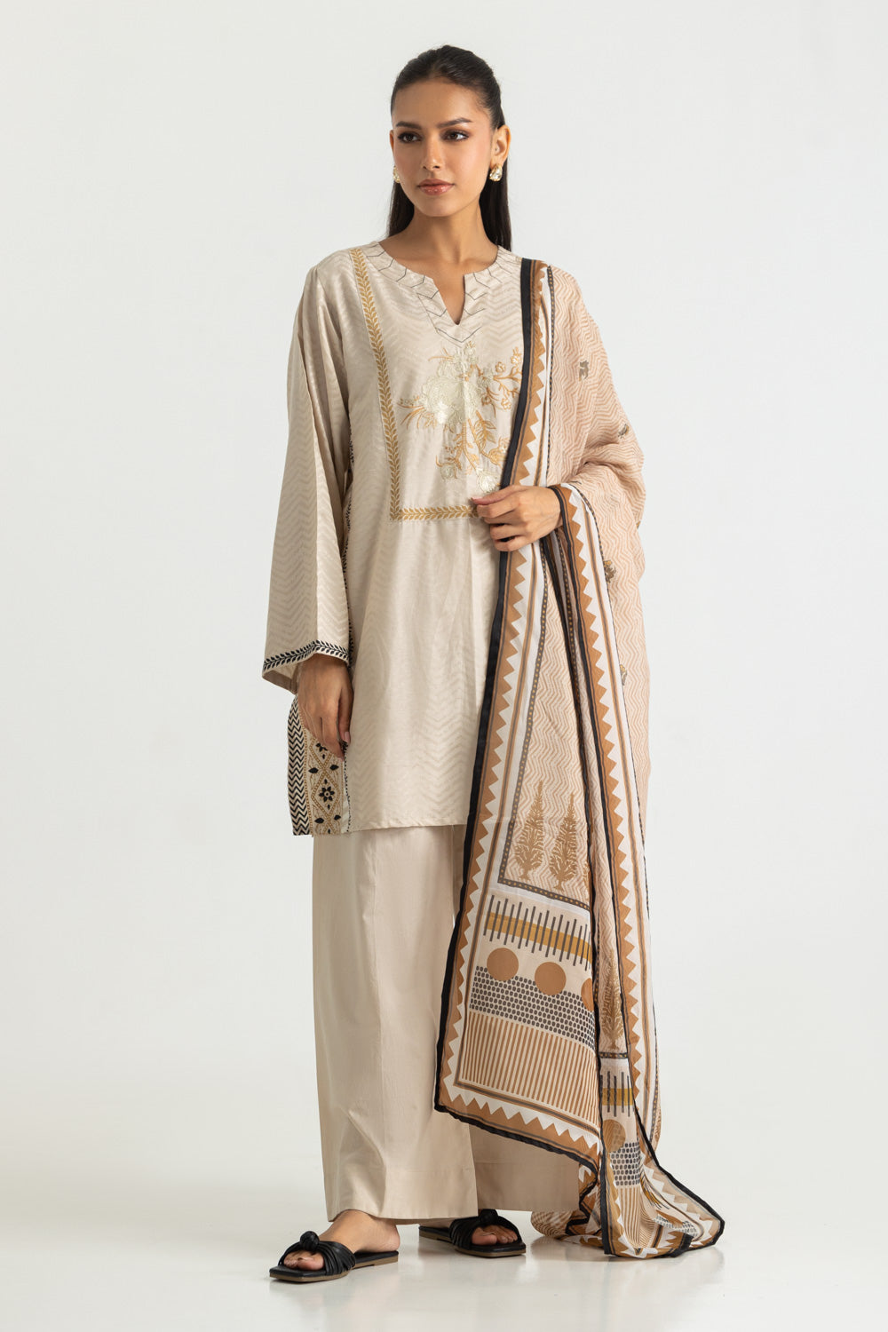 3PC Jacquard Embroidered Suit With Printed