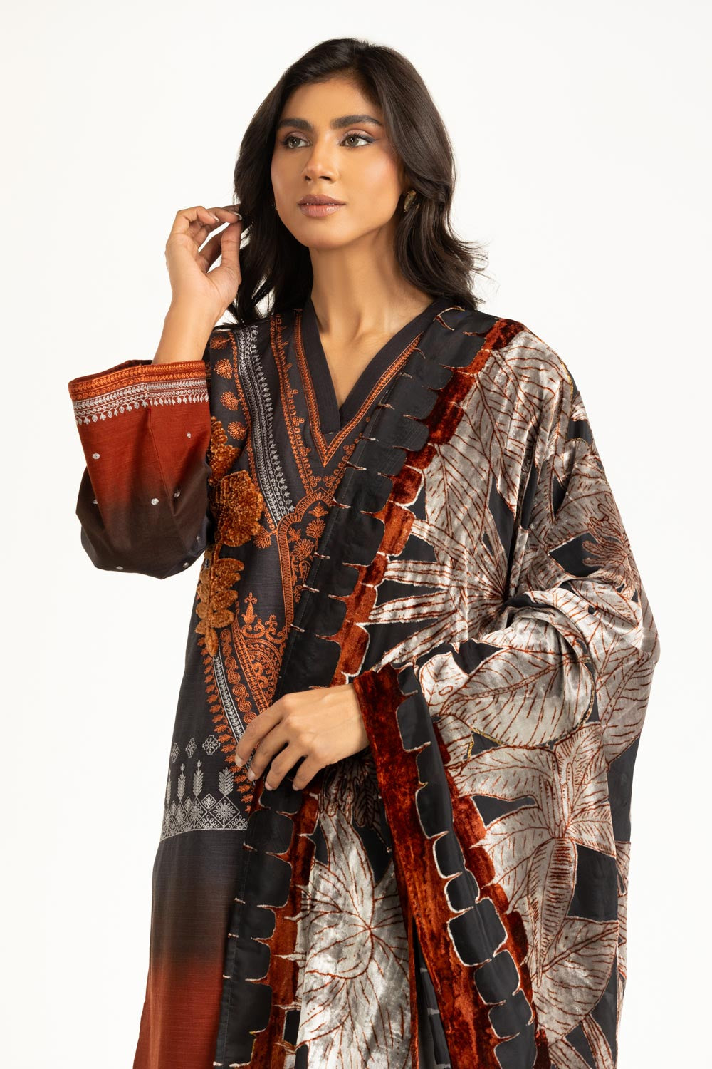 3PC Khaddar Printed Suit with Embroidered