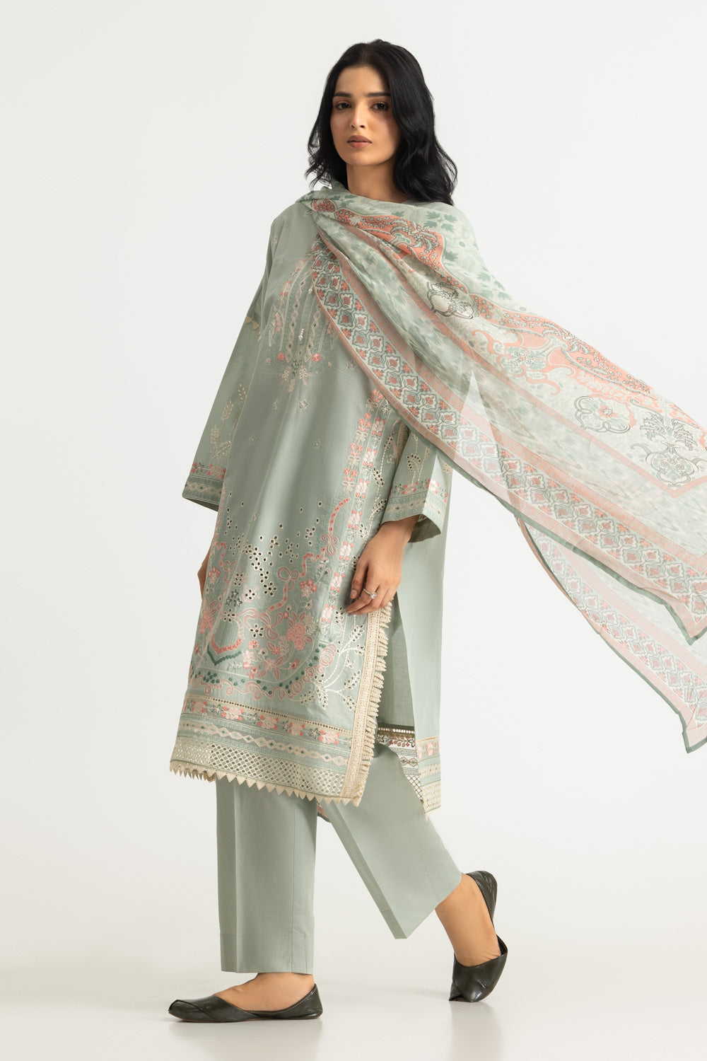 3PC Lawn Embroidered Suit With Chiffon Printed Dupatta