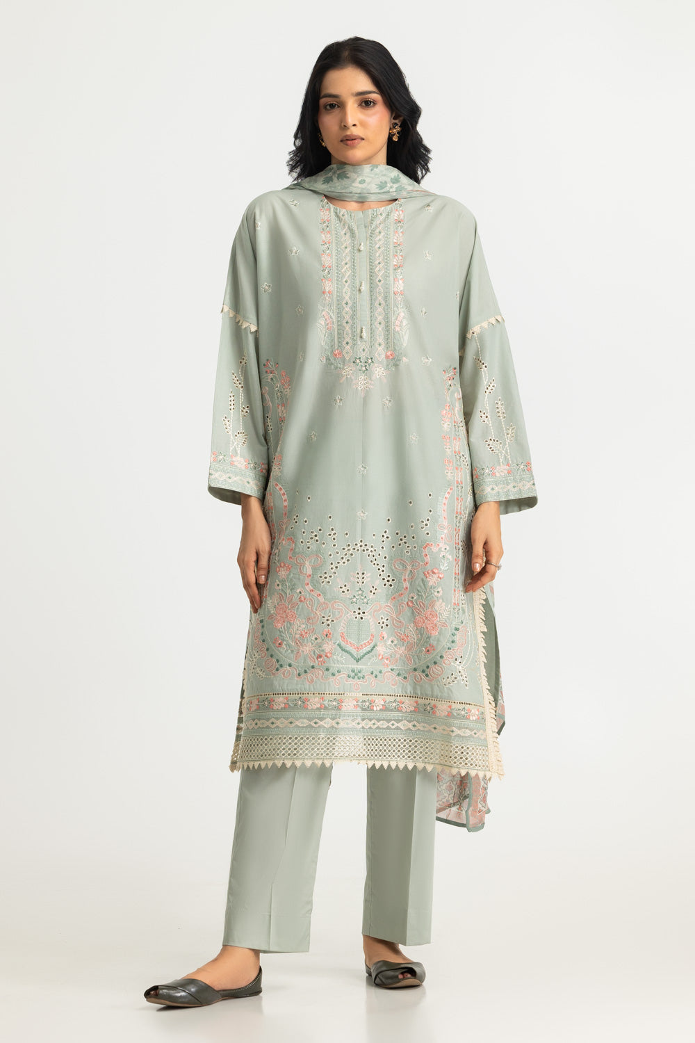 3PC Lawn Embroidered Suit With Chiffon Printed Dupatta