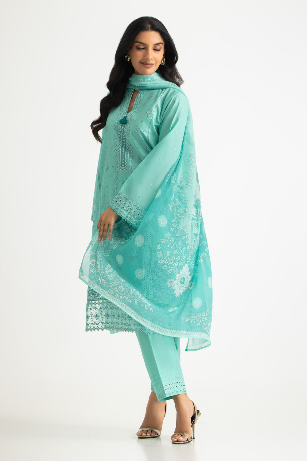 3PC Lawn Embroidered Suit With Chiffon Printed Dupatta