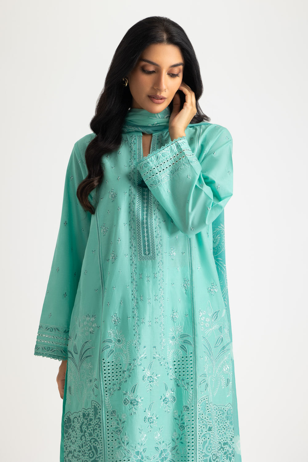 3PC Lawn Embroidered Suit With Chiffon Printed Dupatta