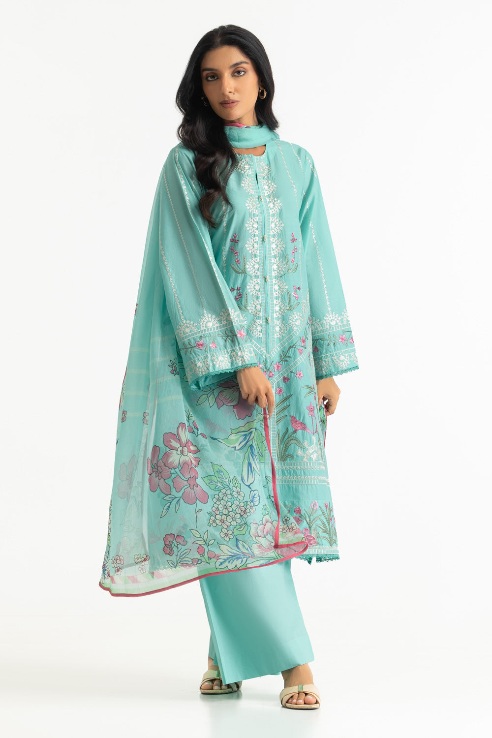 3PC Lawn Embroidered Suit With Chiffon Printed Dupatta