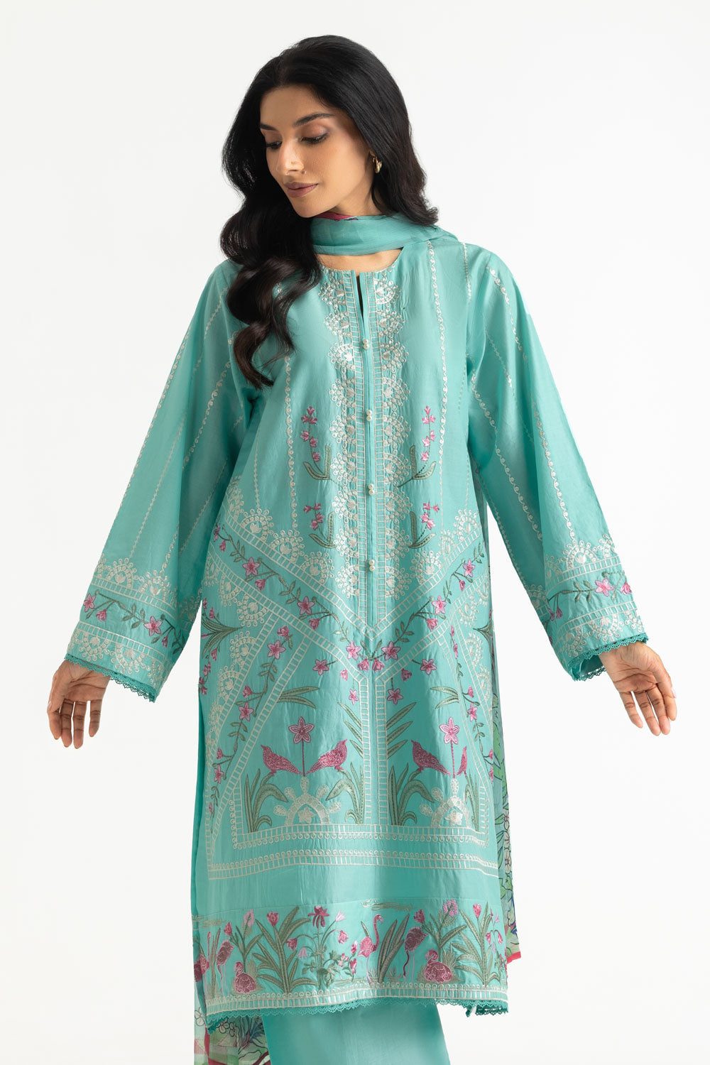 3PC Lawn Embroidered Suit With Chiffon Printed Dupatta