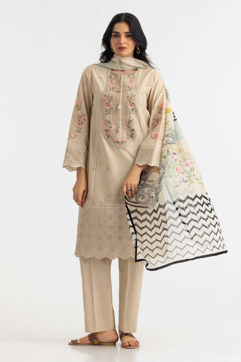 3PC Lawn Embroidered Suit With Printed Chiffon Dupatta