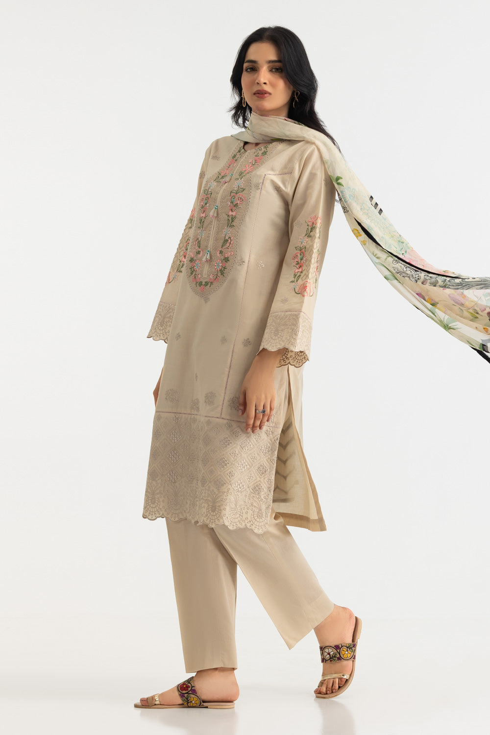 3PC Lawn Embroidered Suit With Printed Chiffon Dupatta