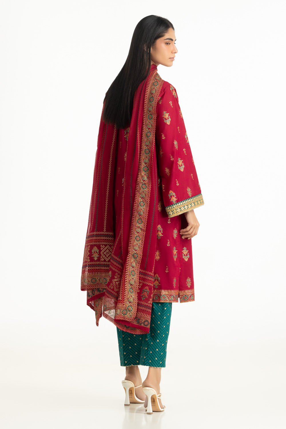 3PC Lawn Gold And Lacqer Printed Suit With Embroidered