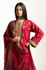 3PC Lawn Gold And Lacqer Printed Suit With Embroidered
