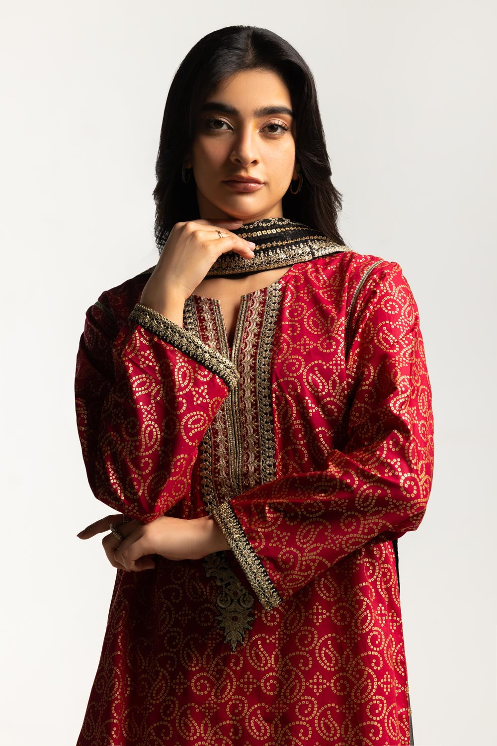 3PC Lawn Gold Printed Suit With Embroidered