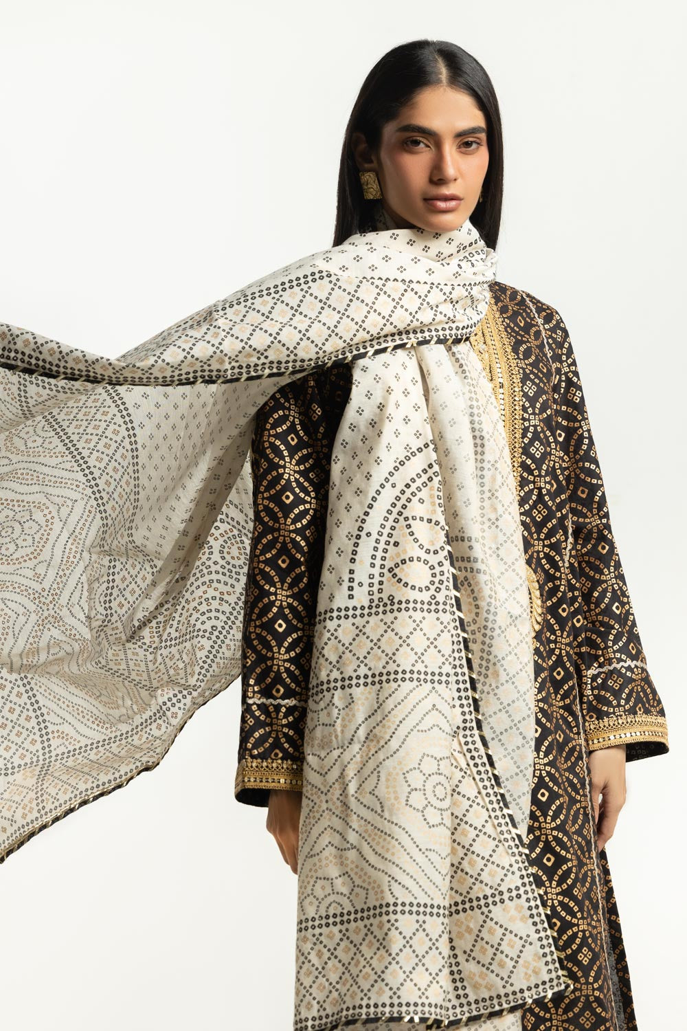 3PC Lawn Gold Printed Suit With Embroidered