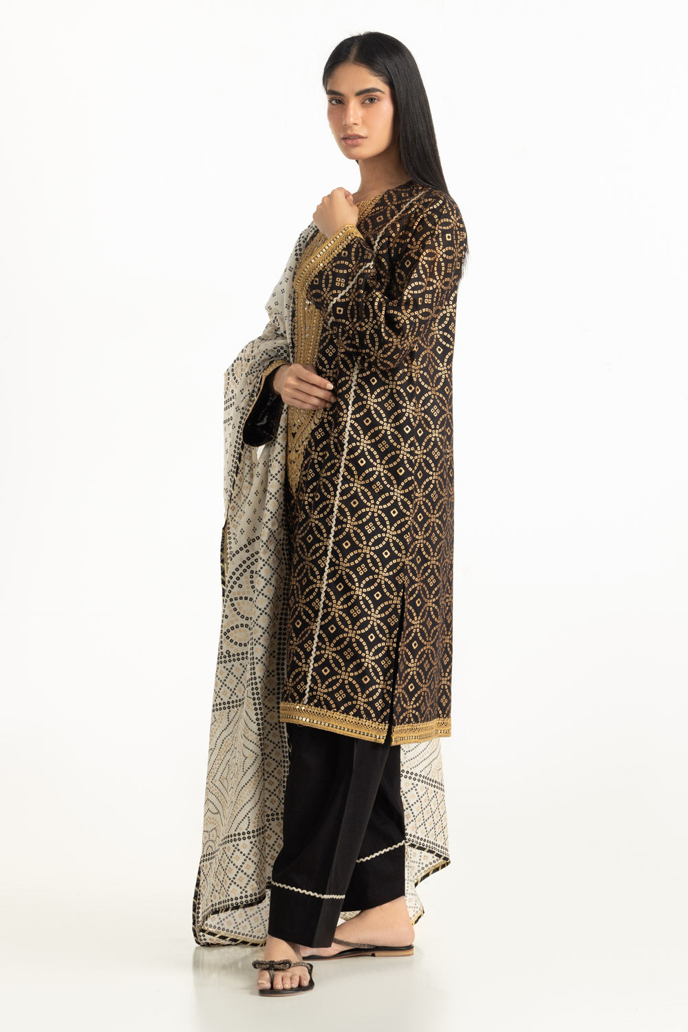 3PC Lawn Gold Printed Suit With Embroidered