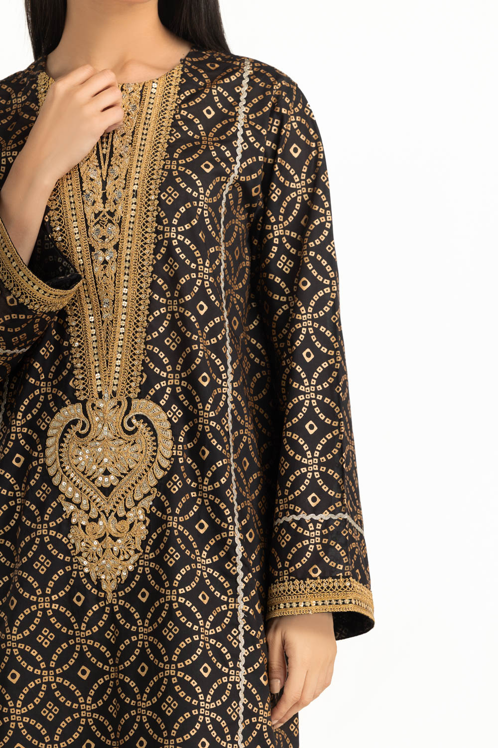 3PC Lawn Gold Printed Suit With Embroidered