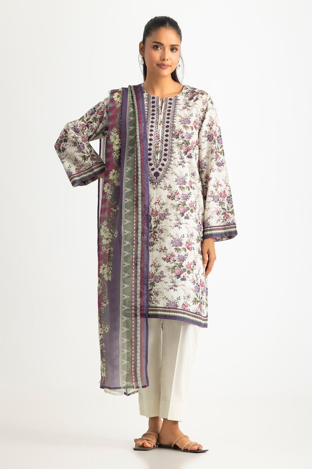 3PC Lawn Printed Suit With Embroidered
