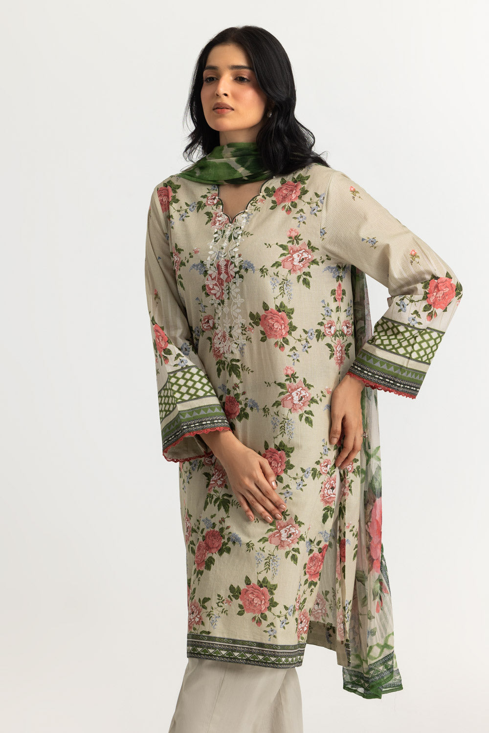 3PC Lawn Printed Suit With Embroidered