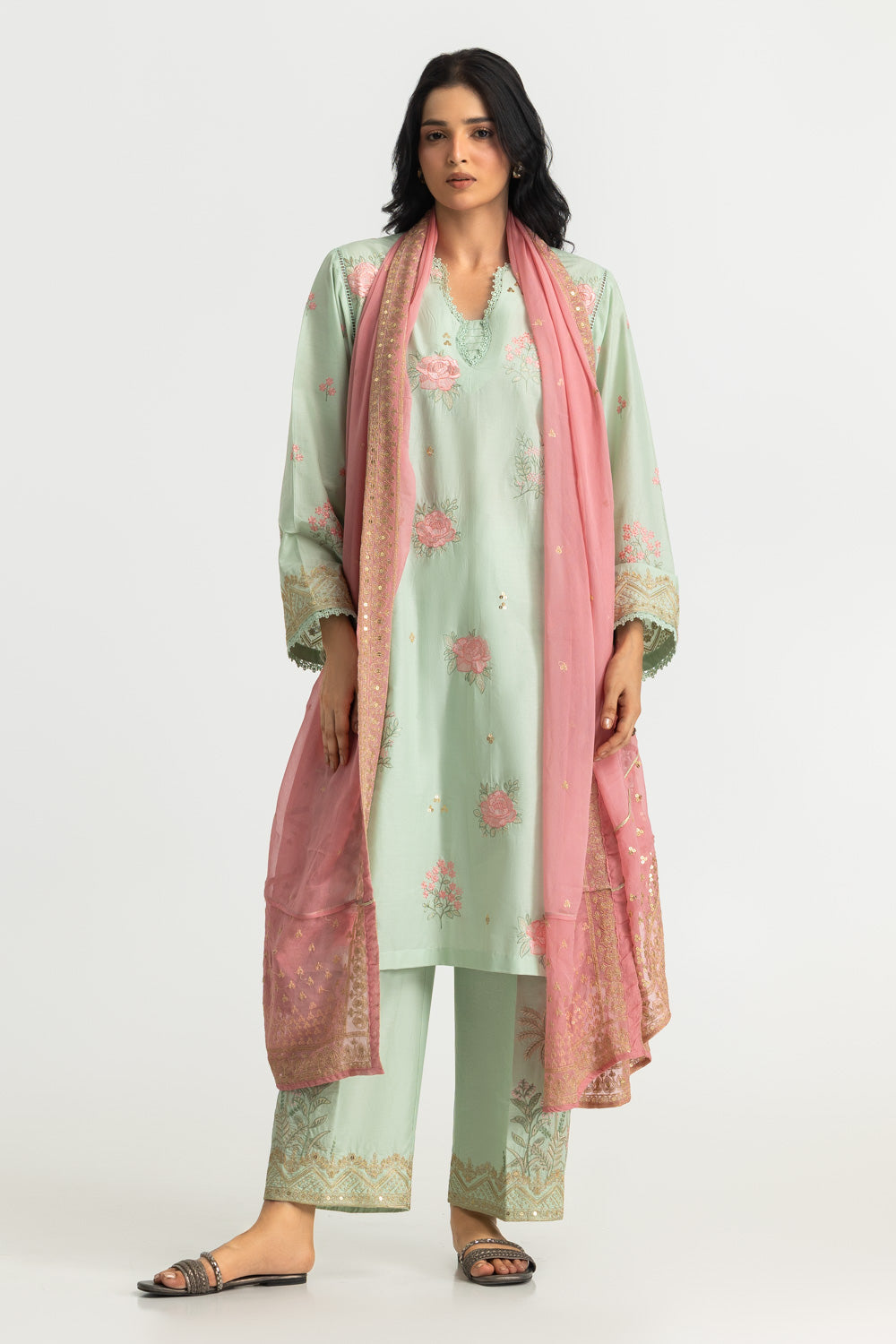 3PC Lawn Zari And Sequins Embroidered Suit With Chiffon Embroidered Dupatta